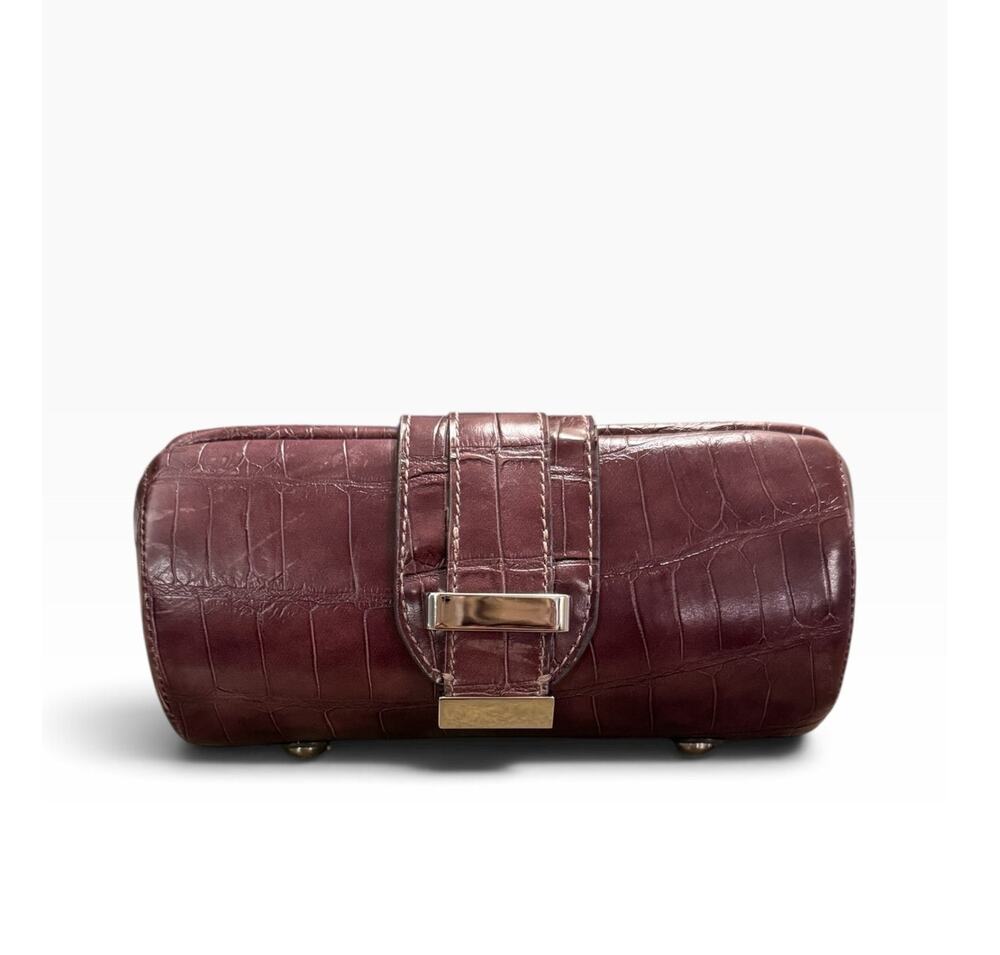Mauve Faux Croc Barrel Clutch Evening Bag Chain Strap Structured Cocktail Purse